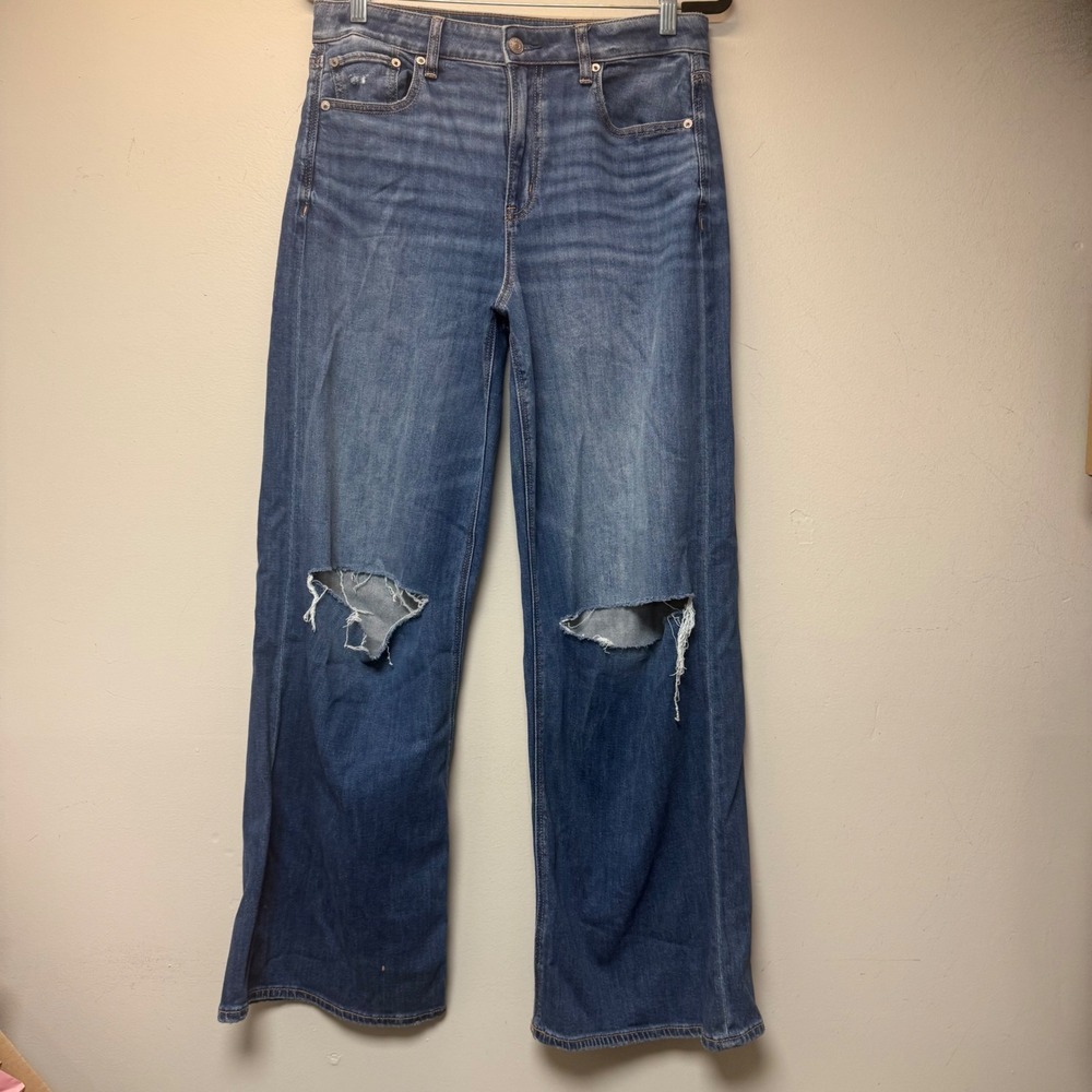 American Eagle Baggy Wide Leg Jeans Womens 8 Blue Good Distressed Super High
